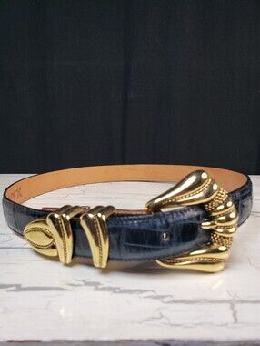 Onyx Embossed Crocodile Belt on Genuine Leather in Dark Navy - Women's size 30